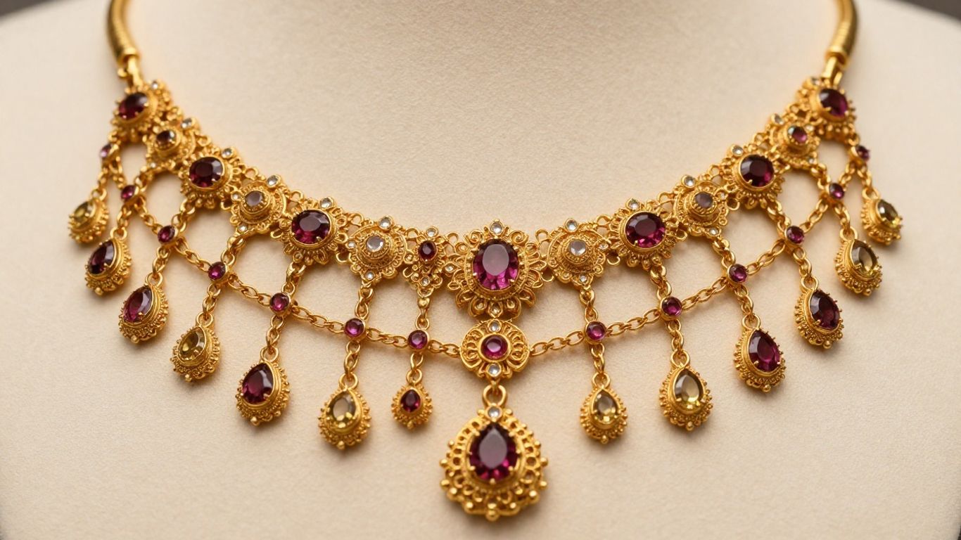 Intricate long Haram necklace with gemstones.