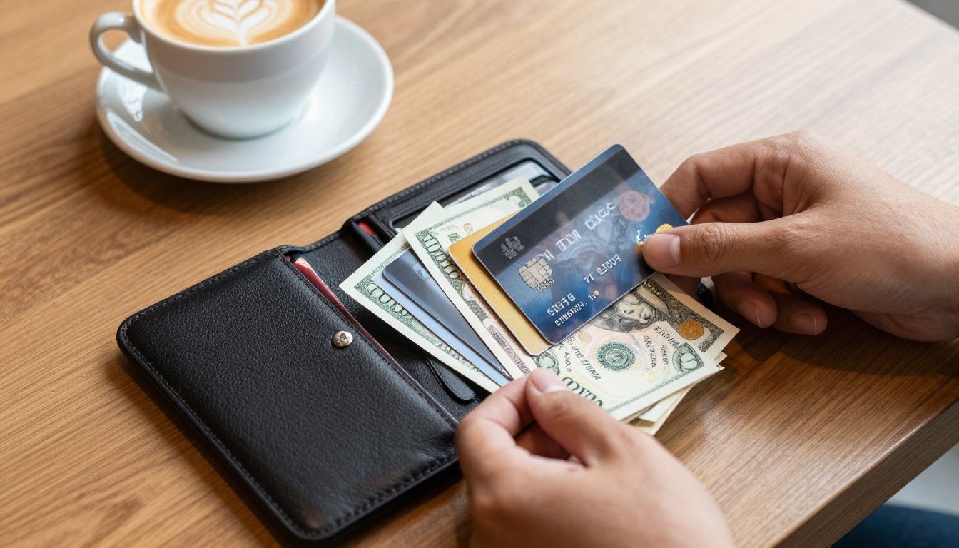 A close-up shot of a person's hands neatly organising credit cards and a few folded cash notes into a stylish Galaxy S25 Edge wallet case on a wooden cafe table next to a flat white coffee.