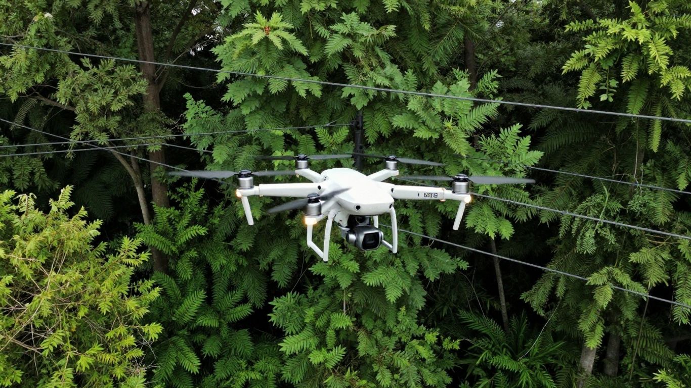 Drone inspecting vegetation near power lines