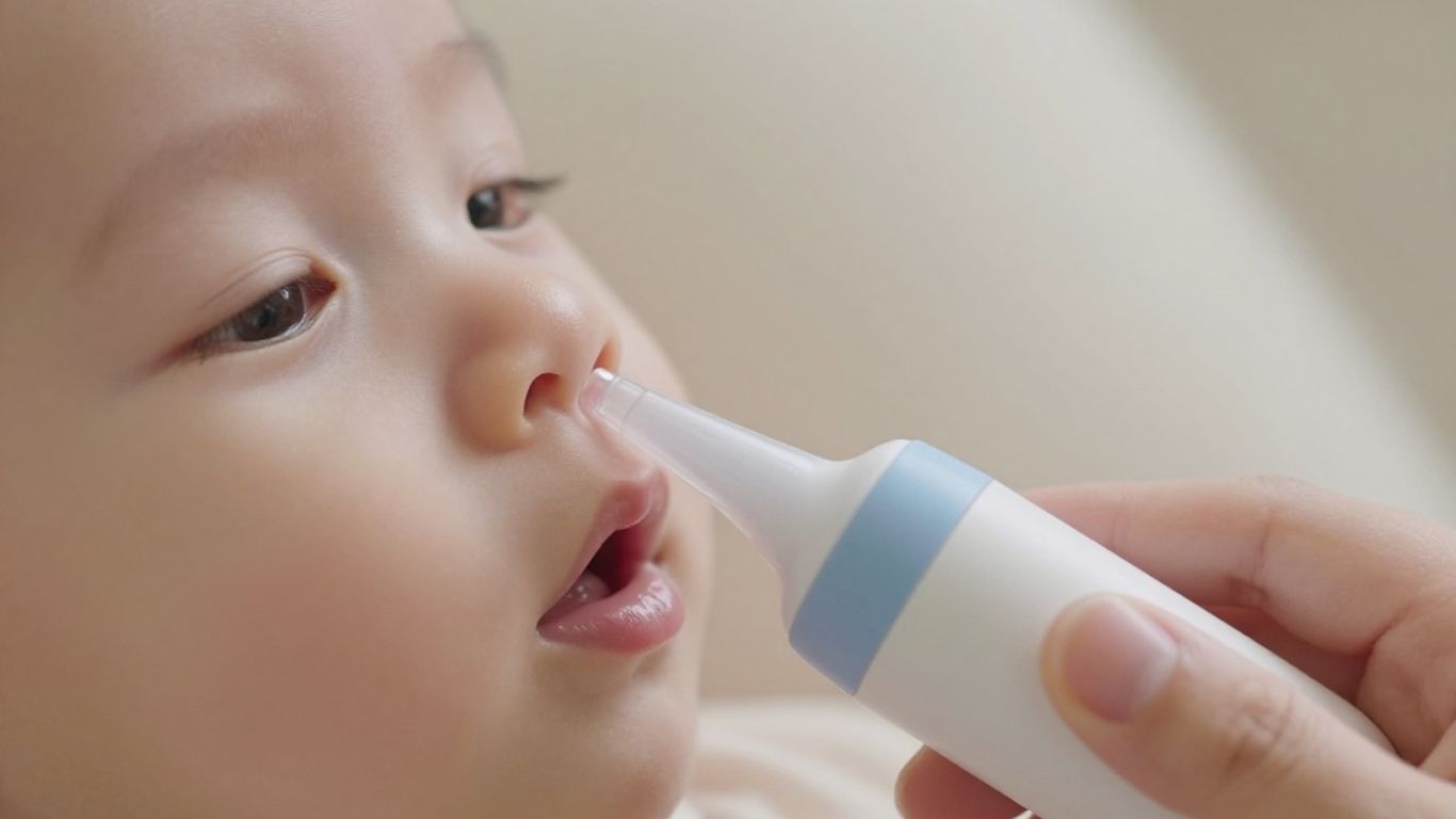 Bebé siendo limpiado con aspirador nasal.