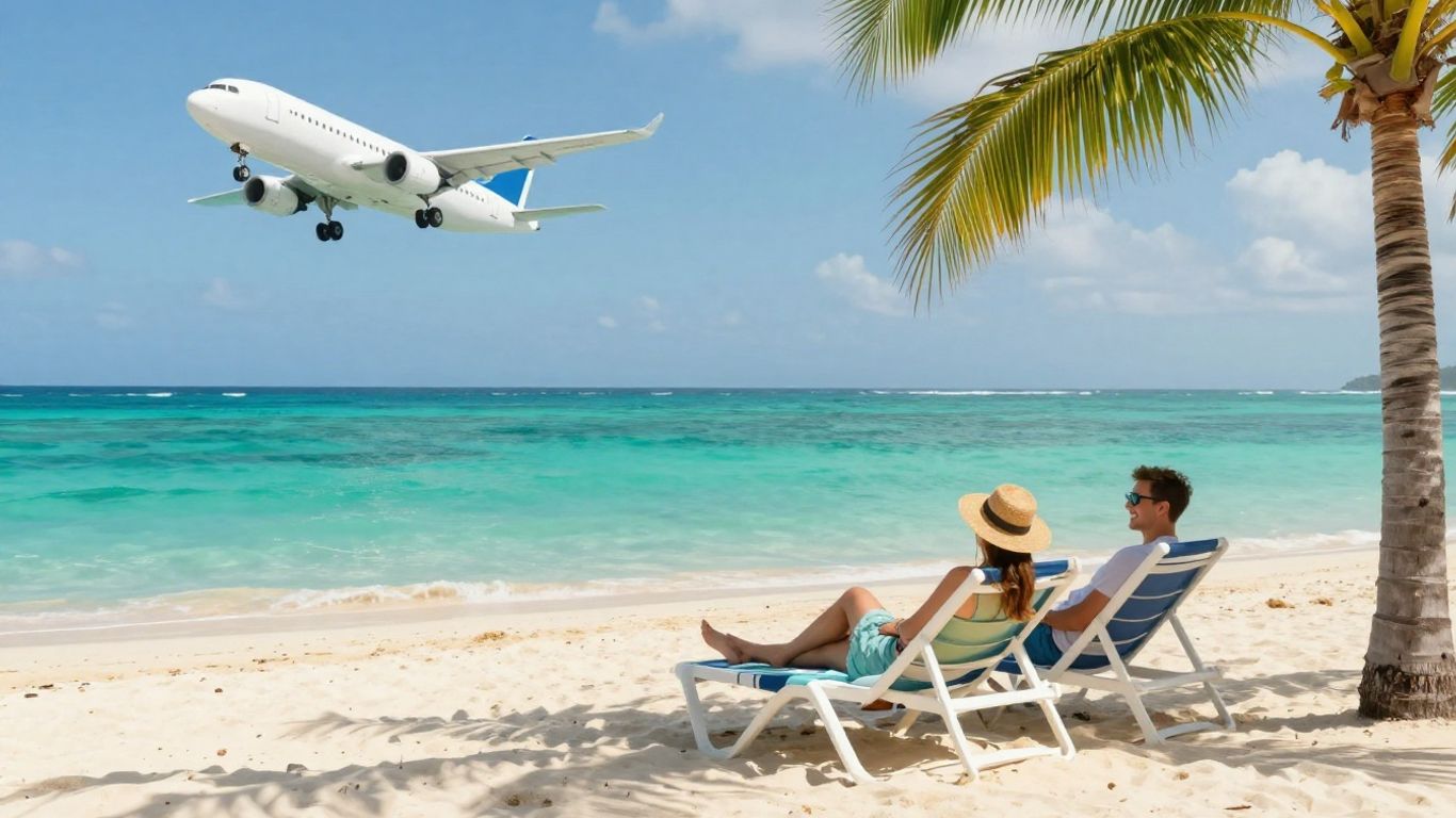 Couple enjoying a beach vacation, travel savings.