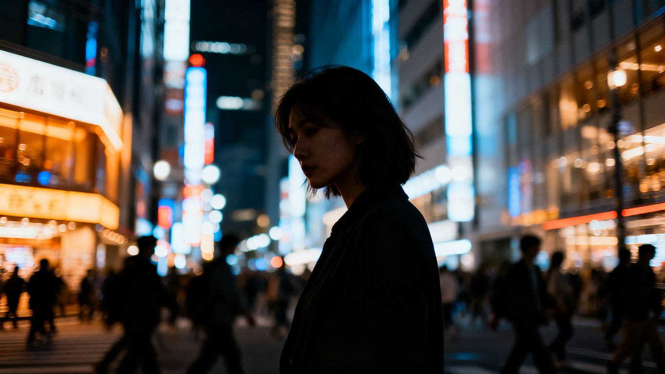 Woman in a busy Asian city, looking isolated.