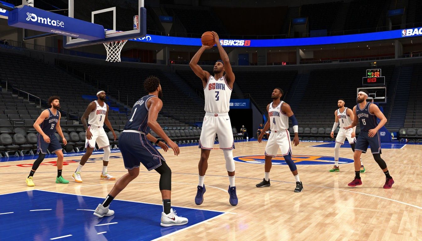 Quadra de basquete virtual com um elenco equilibrado do NBA 2K26, jogadores posicionados no perímetro e no garrafão durante uma jogada ofensiva