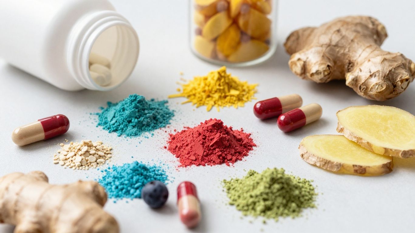 Colorful gut support supplements with fresh ingredients.