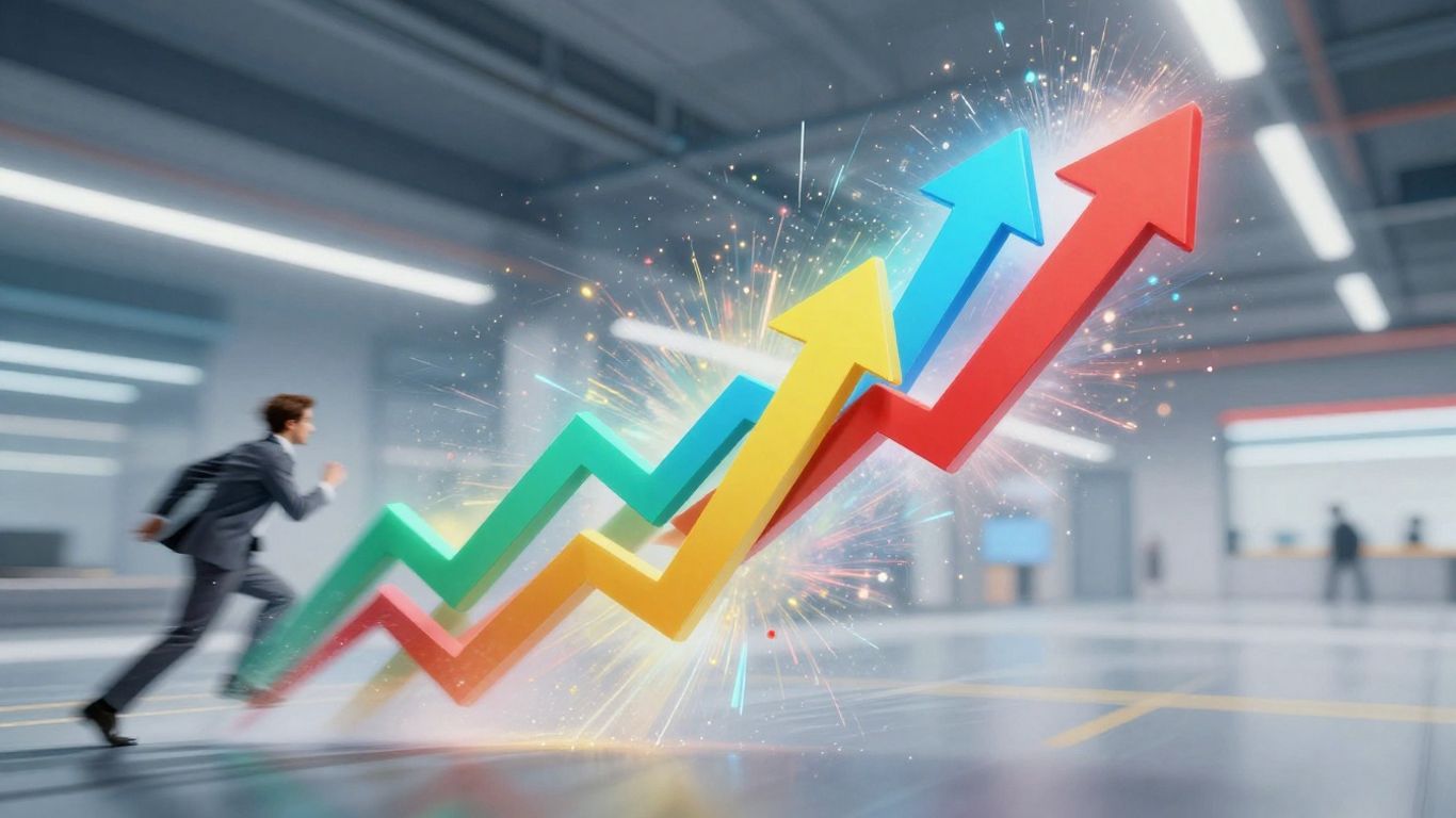 Explosive growth concept with upward arrows and light bursts.