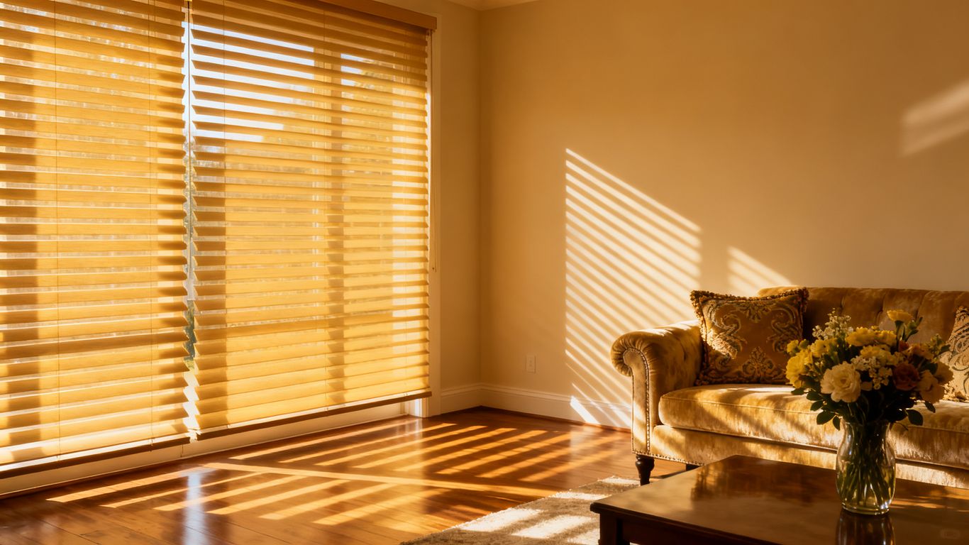 Blinds angled for privacy and light control in a living room.