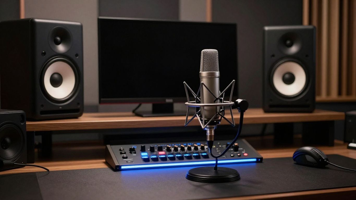 Modern home studio setup with microphone and audio gear.