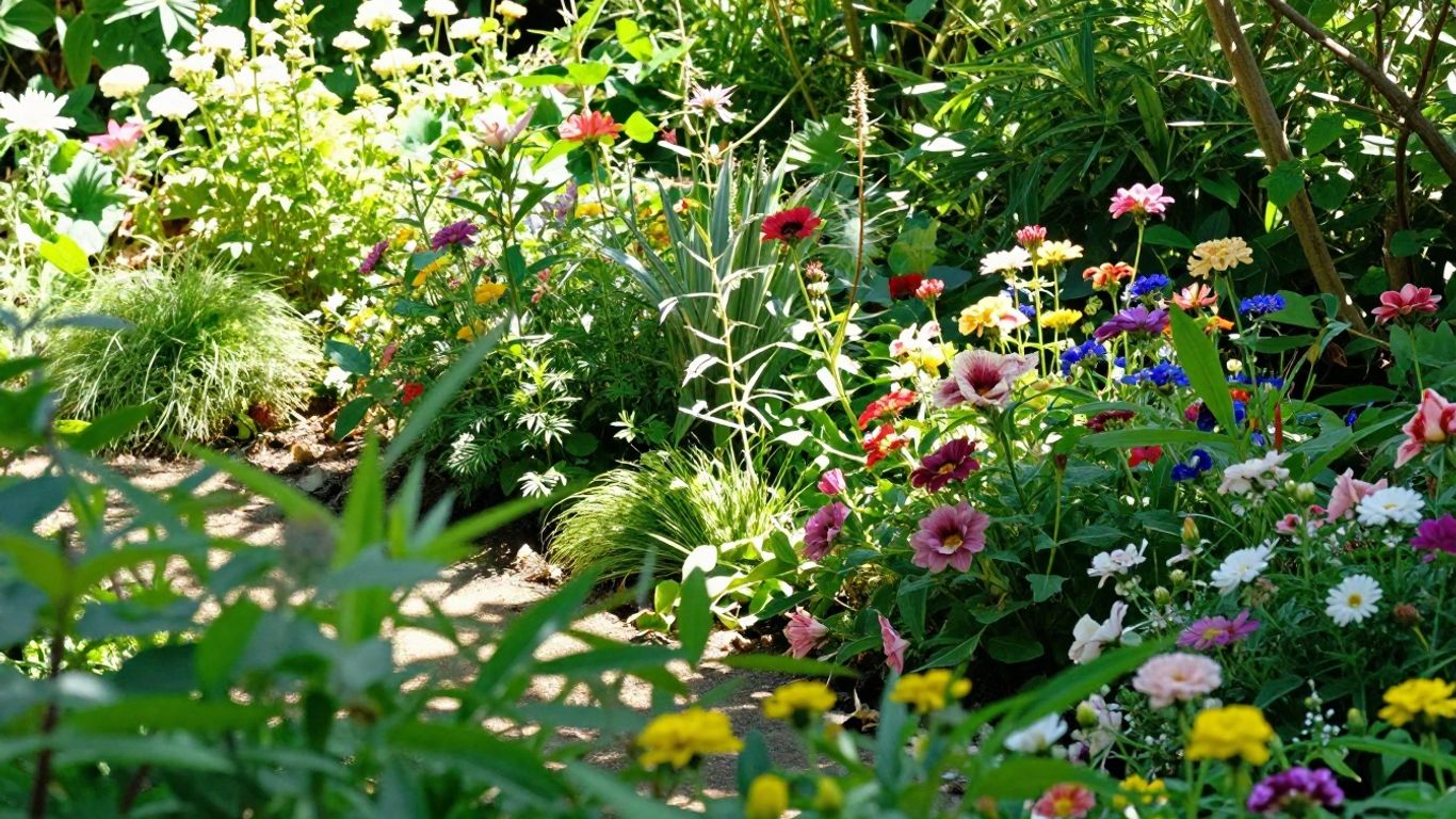 Blühende Blumen und grüne Blätter an einem sonnigen Sommertag.
