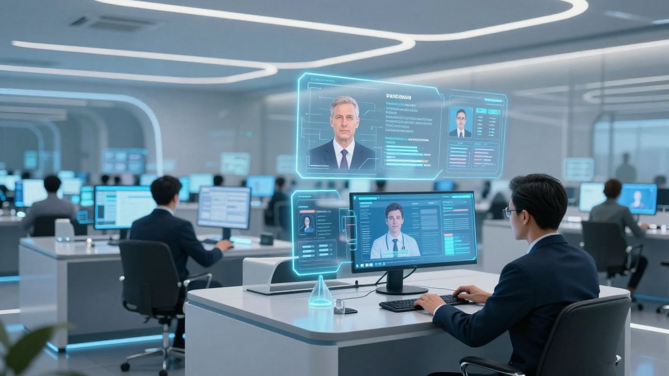 Futuristic call center with holographic interfaces and personalized data.