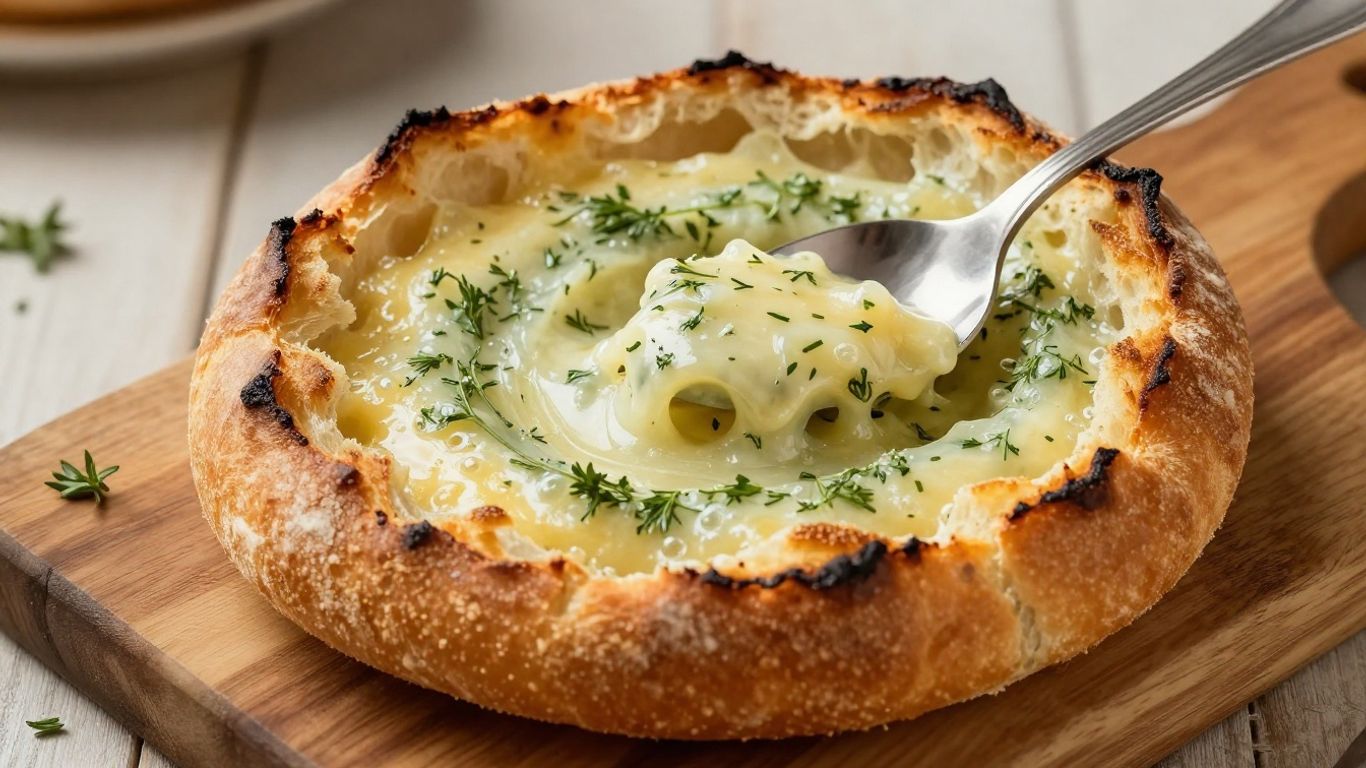 Cheesy cob loaf dip on a wooden board