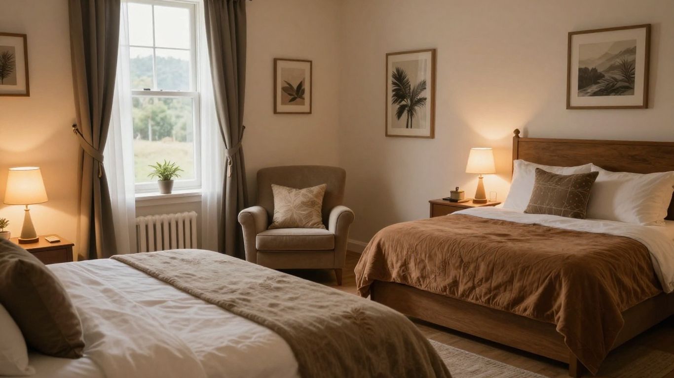 Cozy Airbnb bedroom with comfortable bedding and soft lighting.
