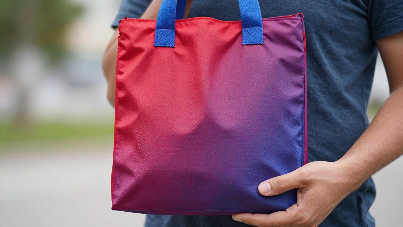 Person holding a colorful PICS bag.
