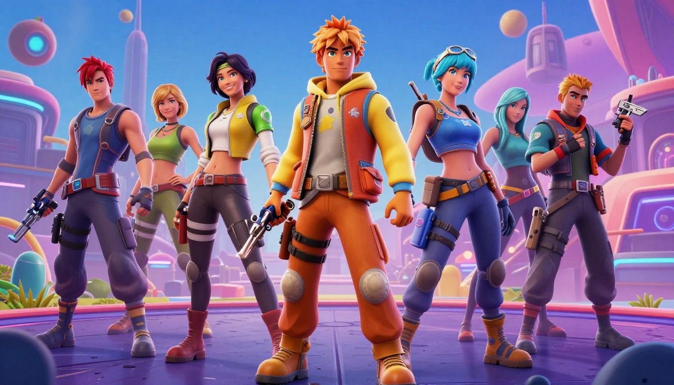 Um mosaico vibrante mostrando diversos personagens icônicos de diferentes franquias unidos em uma paisagem futurista de Fortnite