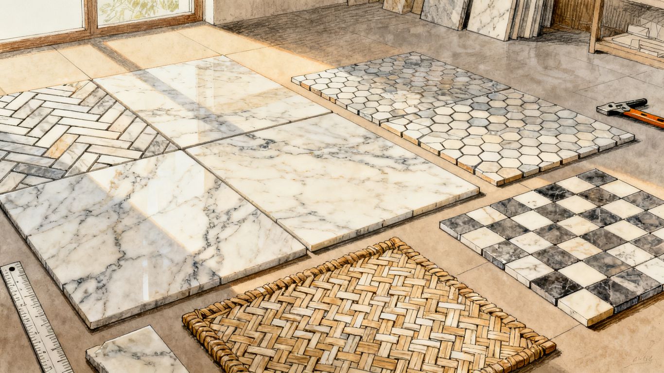 Marble mosaic and checkerboard tile layout
