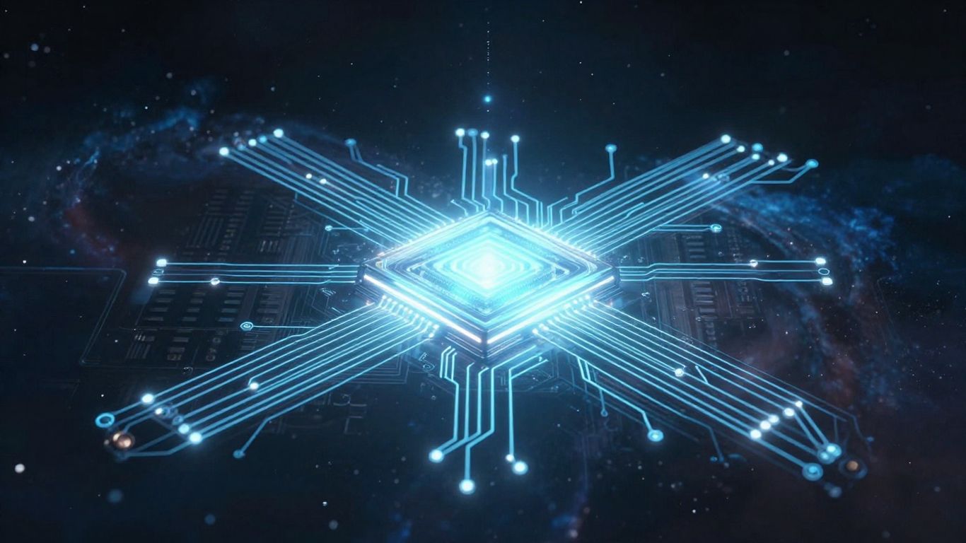 Futuristic quantum computer circuit with glowing pathways and nebula background.