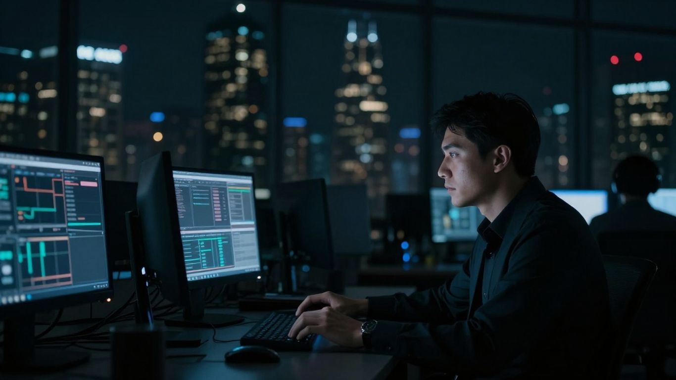Trader working late in a dark office with glowing screens.