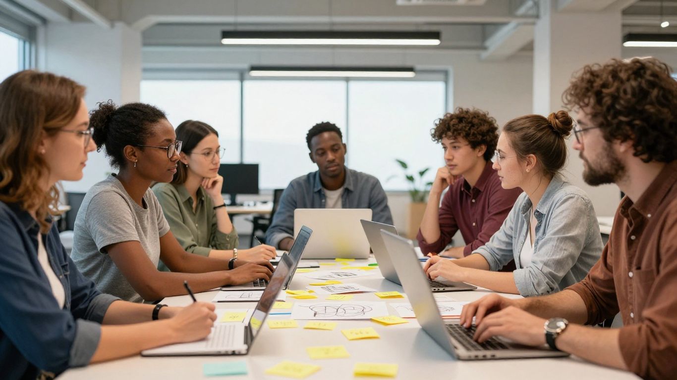 Team brainstorming ideas in a modern office setting.