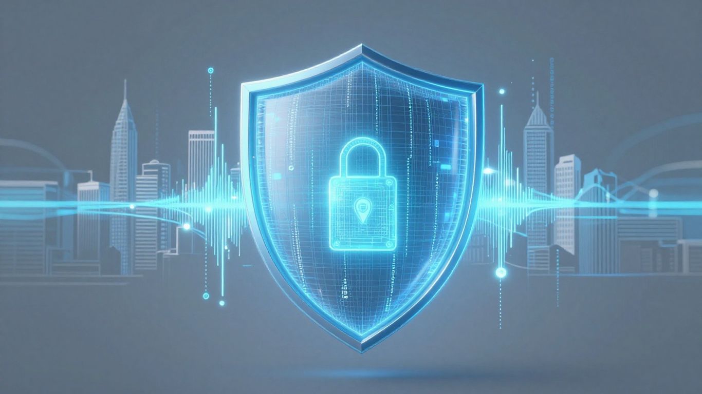 Christchurch cityscape with a digital security shield.