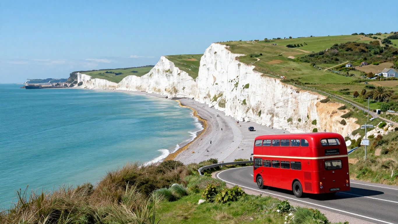 Coastal bus route with white cliffs and sea.
