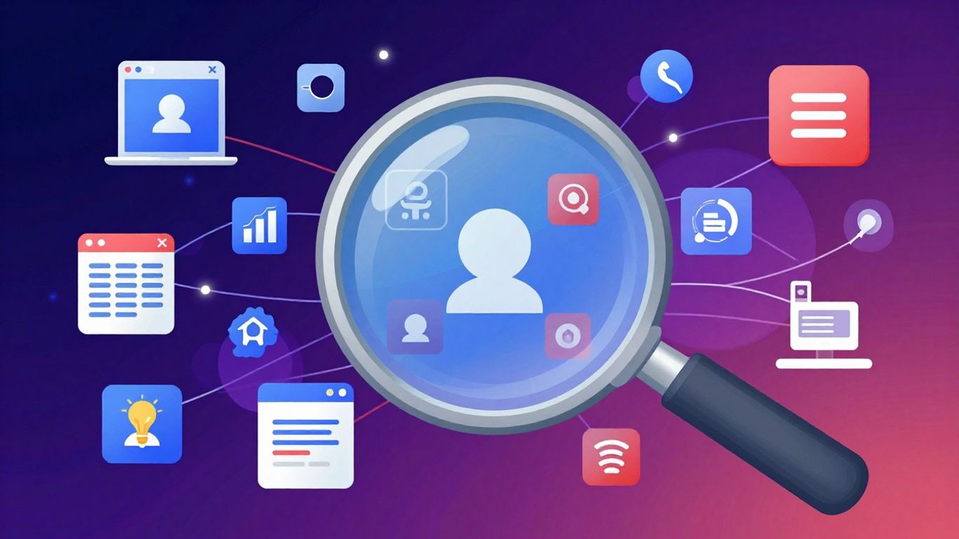 Digital advertising landscape with magnifying glass and icons.