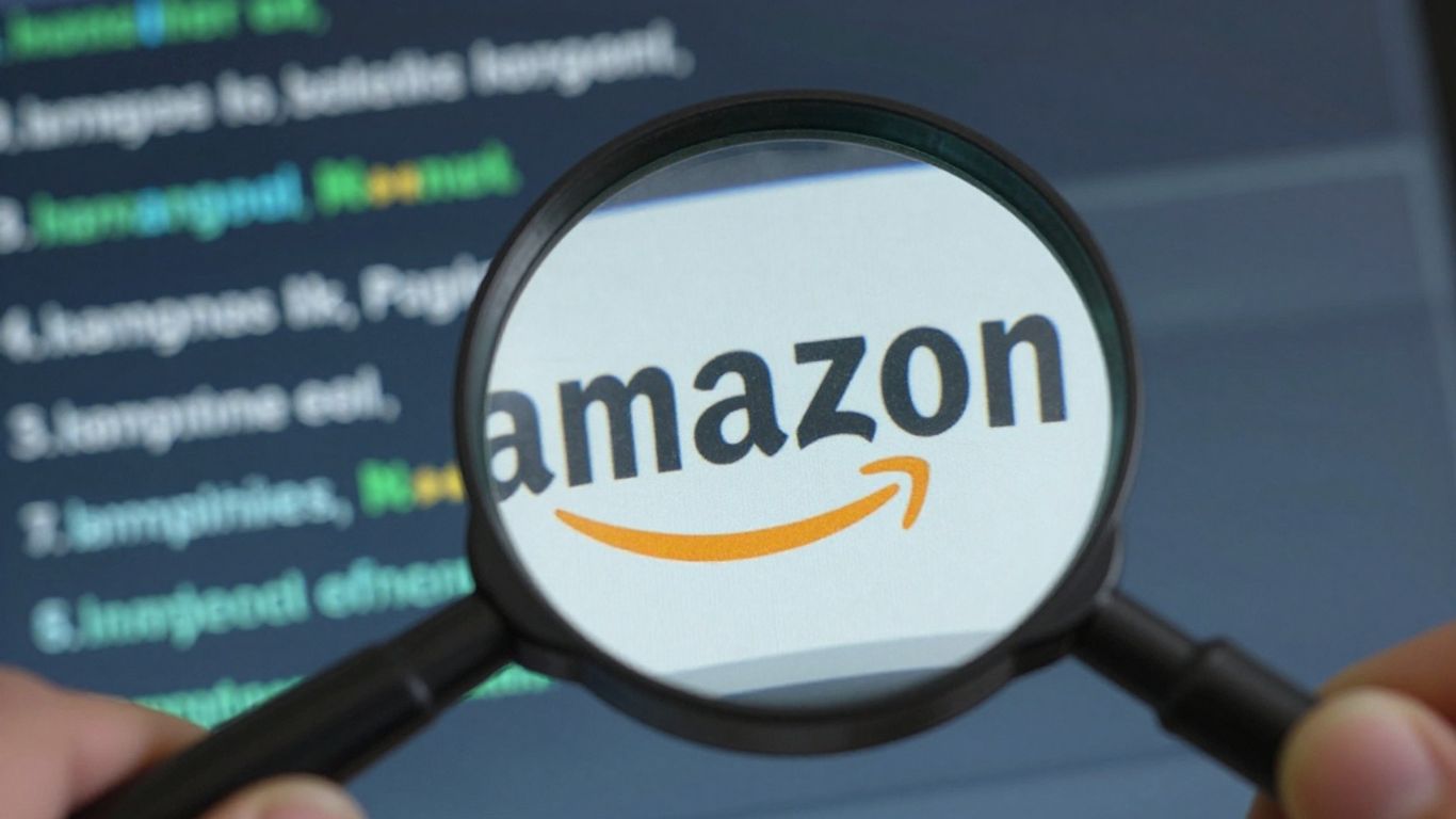 Magnifying glass over Amazon logo and digital data.
