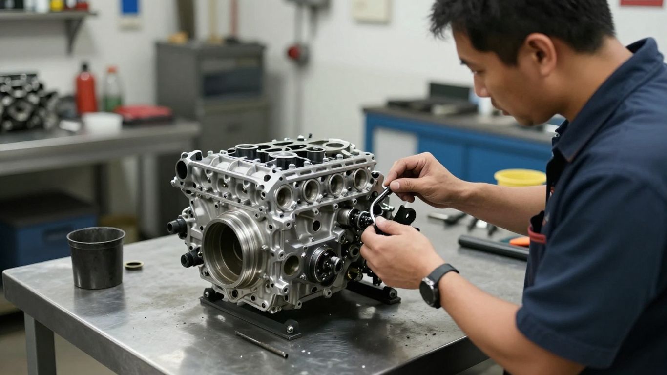 A mechanic inspecting a cleaned used engine component