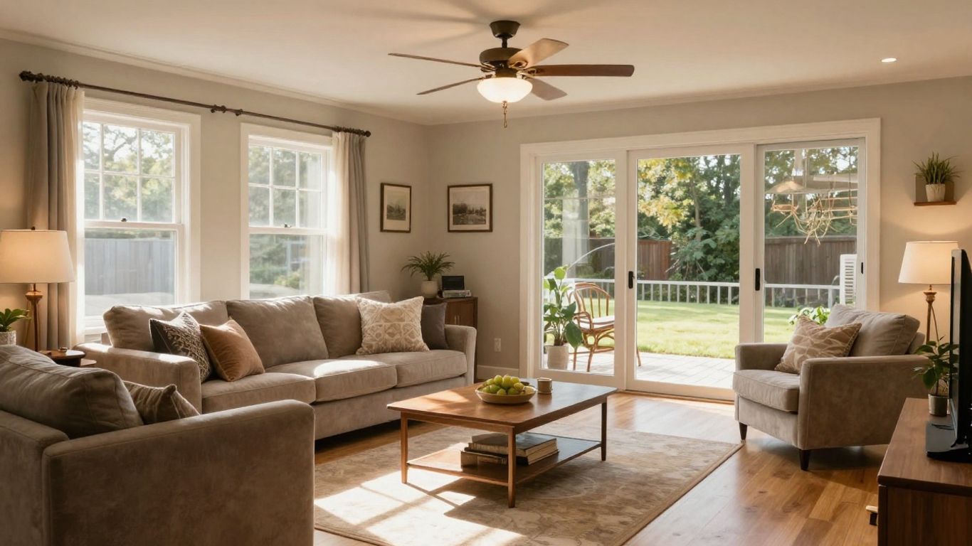 Finished basement living area with seating and warm lighting.