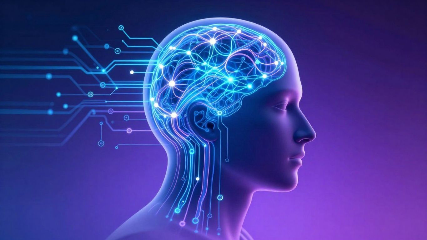 Human brain merging with AI circuits and glowing neural pathways.