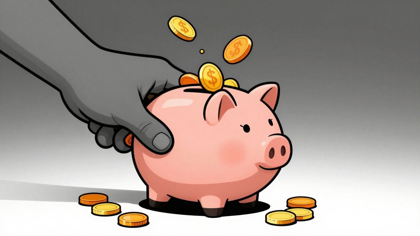 Cartoon piggy bank being squeezed, coins spilling out.