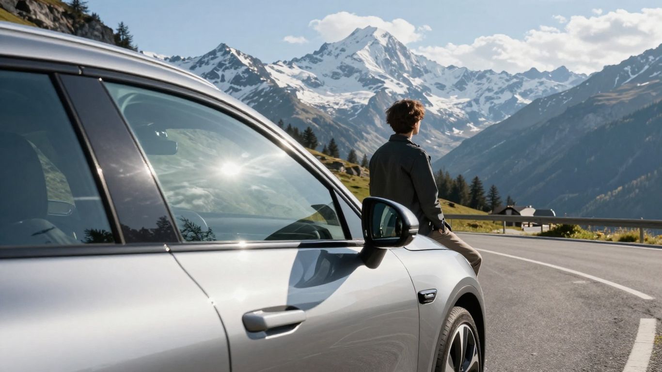 Modernes Auto auf Schweizer Bergstraße mit schneebedeckten Gipfeln.