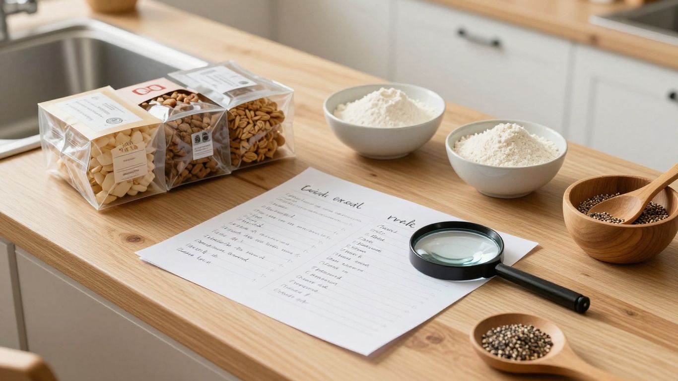 Open food packets and ingredient cards on a kitchen table