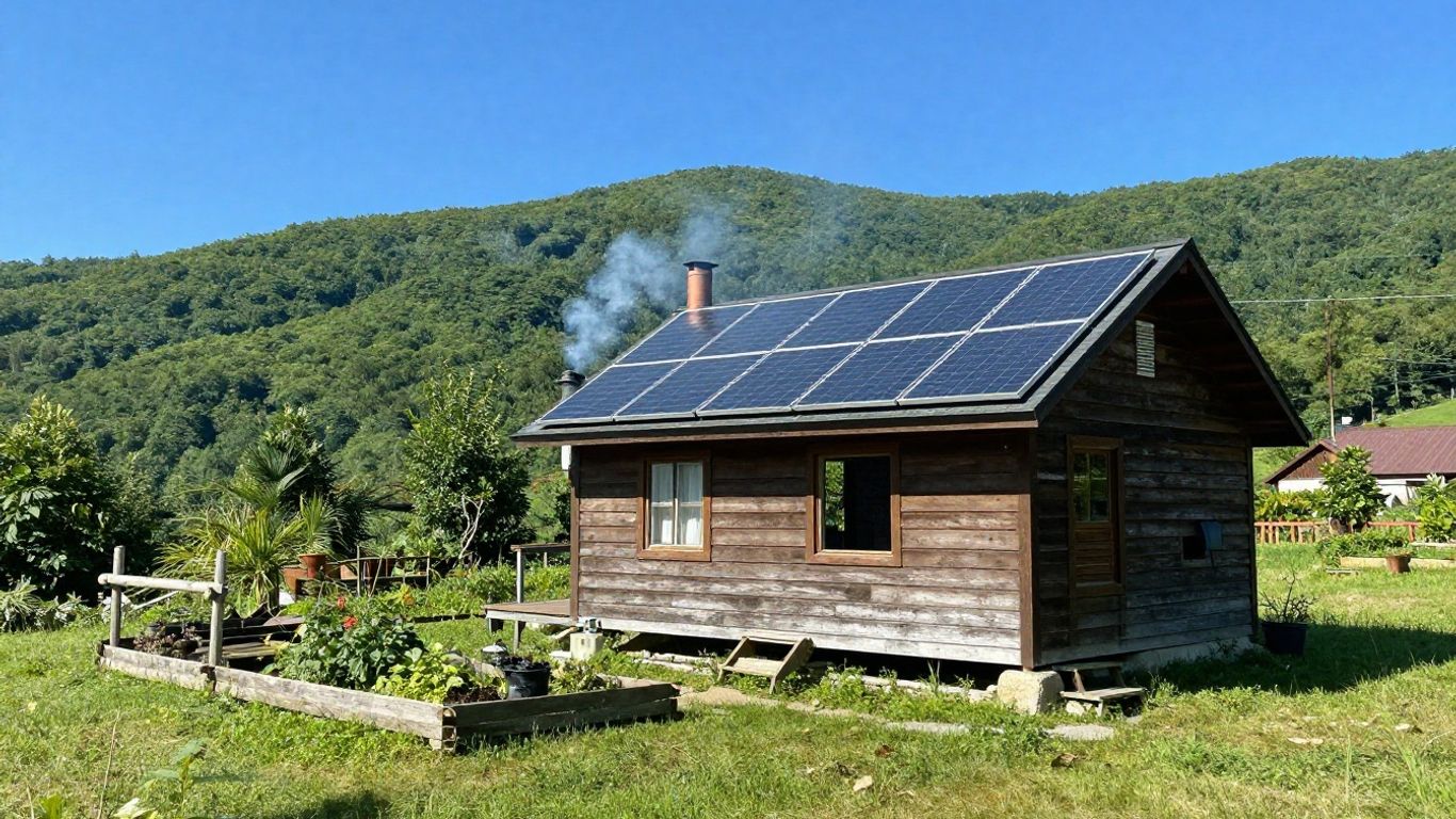 Off-grid cabin in Tennessee with solar panels.