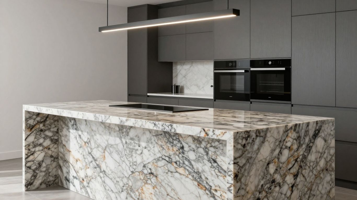 Modern kitchen island with granite countertop and pendant lights.