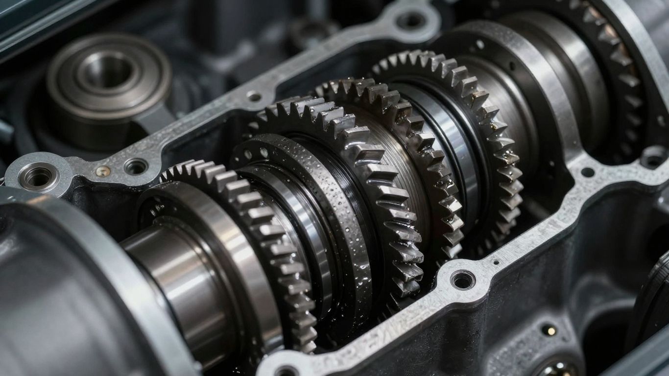 Close-up of car gearbox internal components