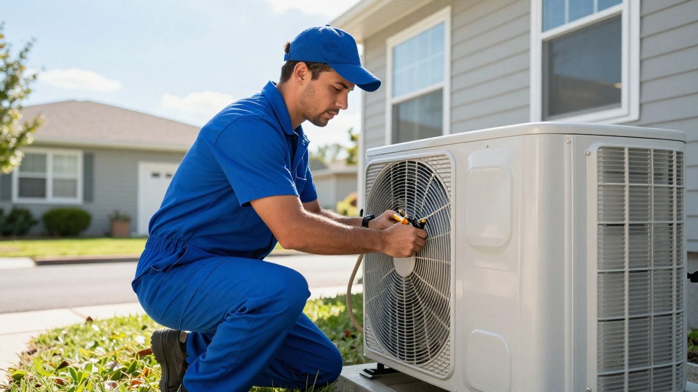 Comfortmaker AC repair technician working on outdoor unit.