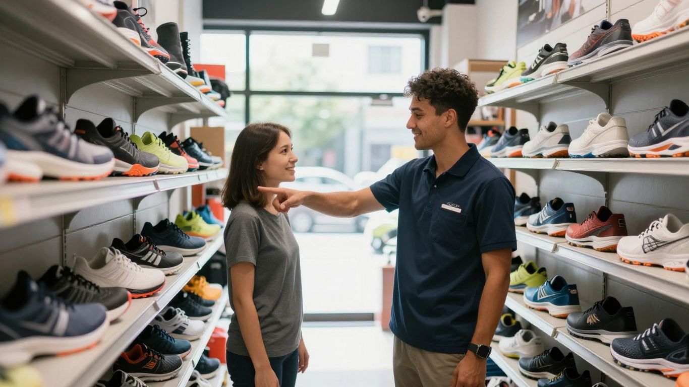 Sports store interior with staff helping customer choose shoes.