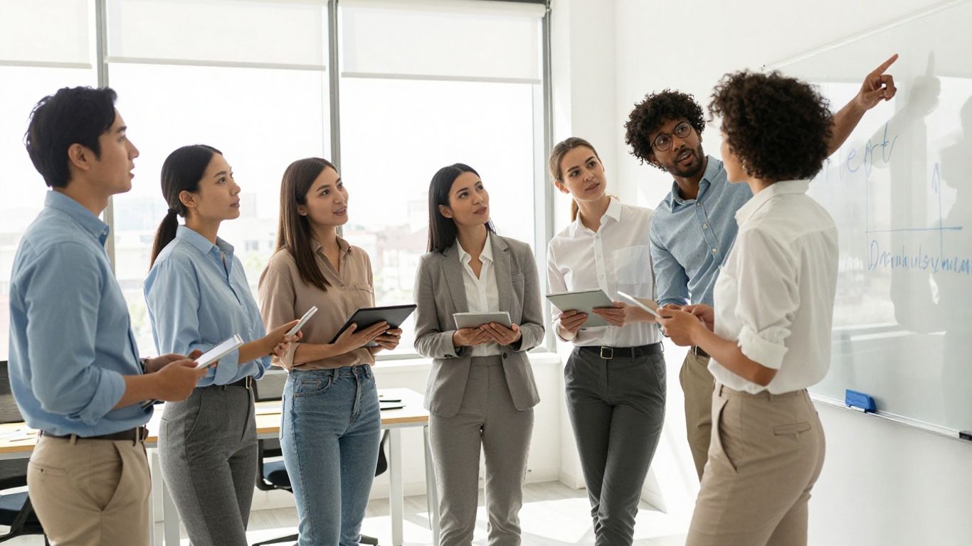 Team collaborating in a modern office, discussing sales strategies.