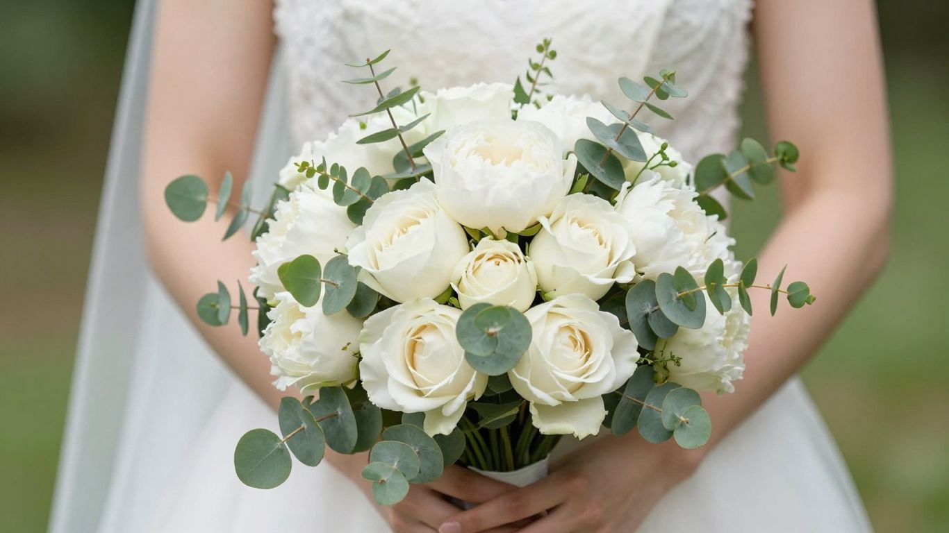 Elegant wedding bouquet with roses and greenery.