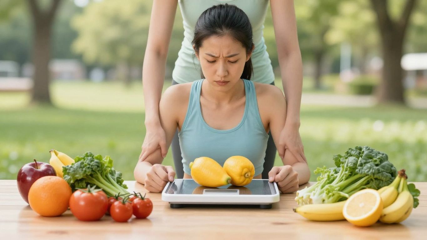 Person on scale with healthy food, weight loss concept.