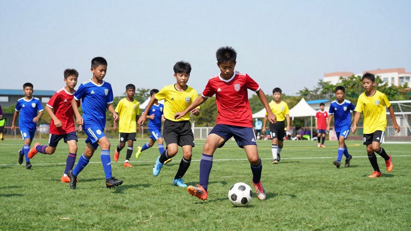 Young soccer players in action on a field.