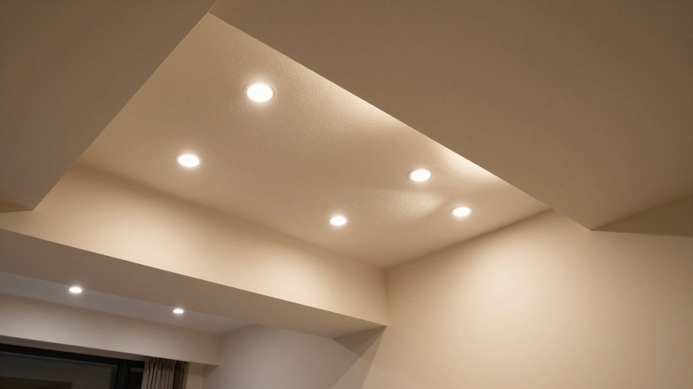 Spotlights illuminating a vaulted ceiling in a living room.