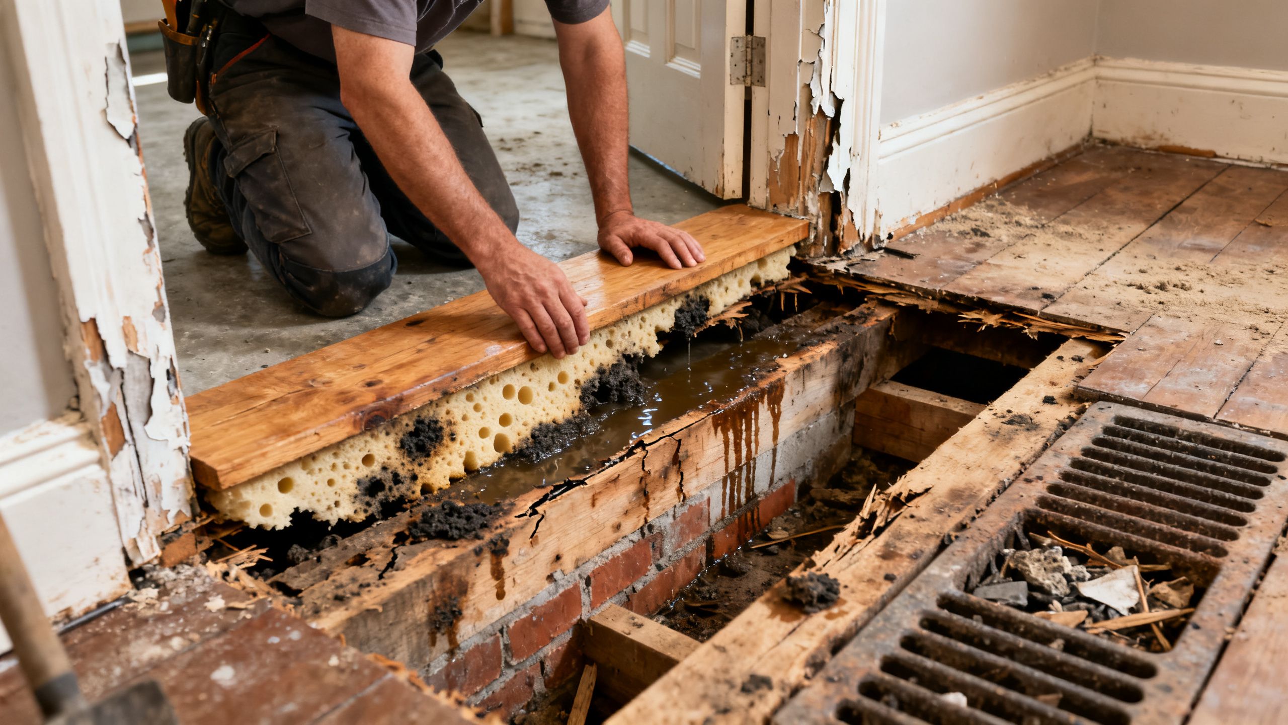 Floor fitter inspecting damp and rotten timber beneath a Bristol home's old flooring, with a back door threshold, joists and airbricks visible
