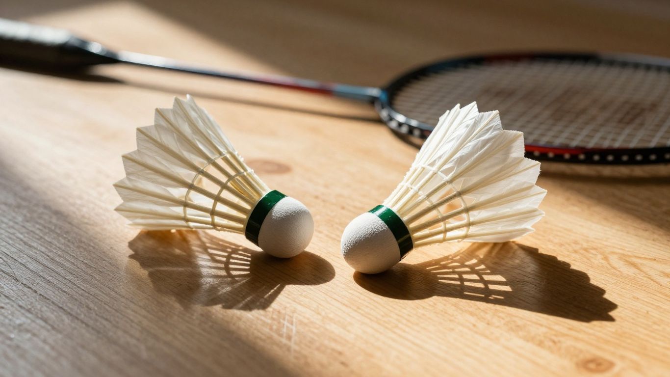 Badminton racket and shuttlecock on a court.