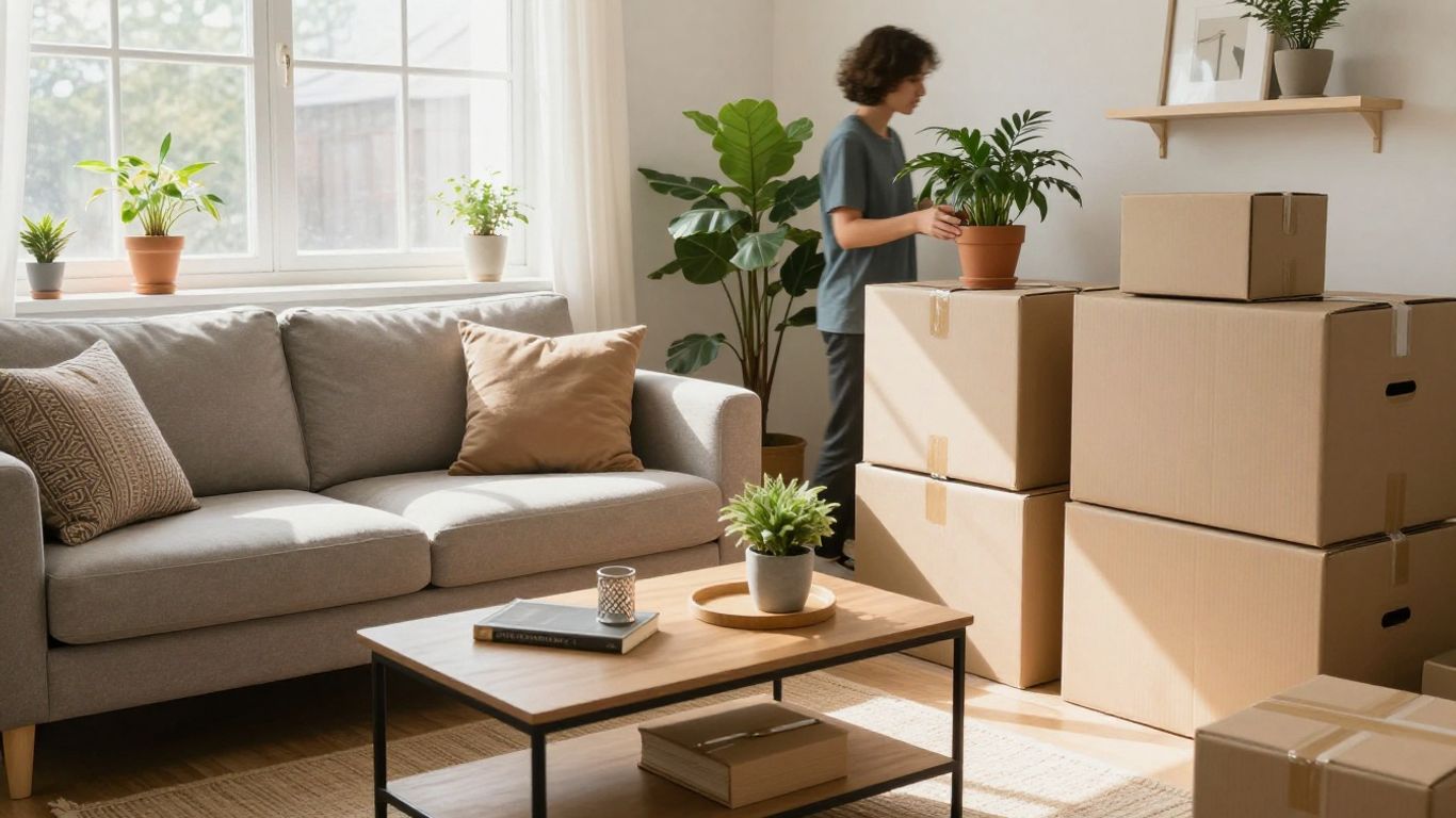 Organized living room with unpacked boxes and sunlight.