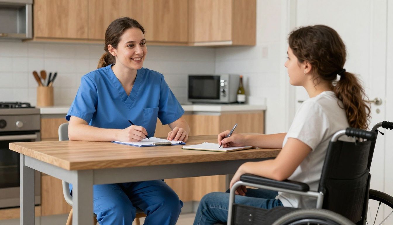 A compassionate home care nurse in a blue scrub top sits at a kitchen table, smiling and talking with the mother of a medically complex child who is sitting in a specialized wheelchair nearby.