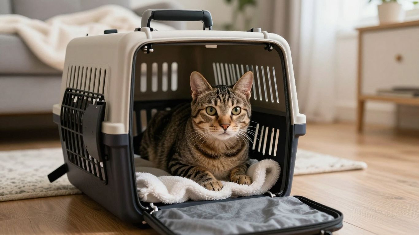 Adopted cat looking out from a carrier