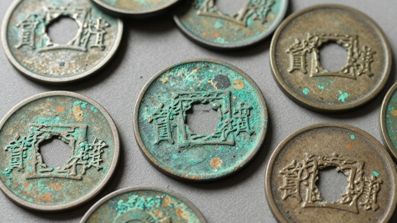 Ancient bronze coins with green patina and corrosion.