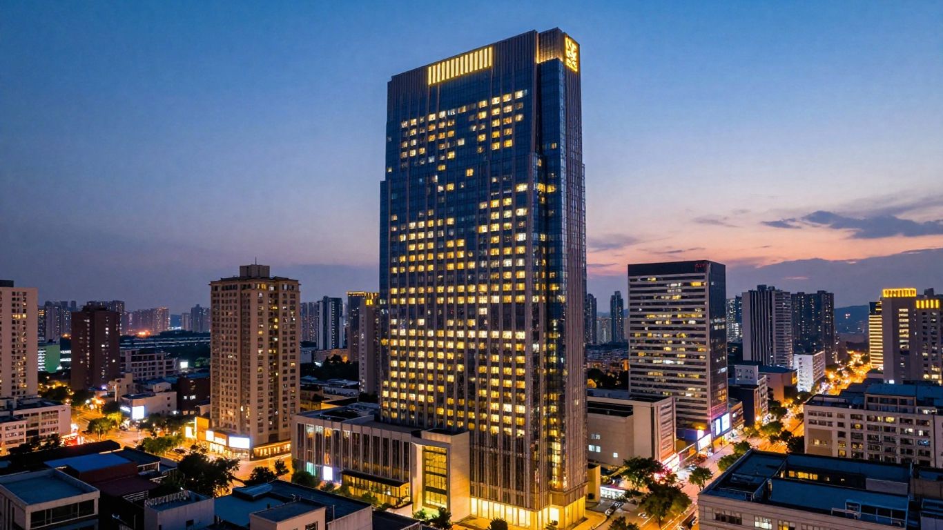 Oaks Brisbane Casino Tower Suites exterior at dusk.