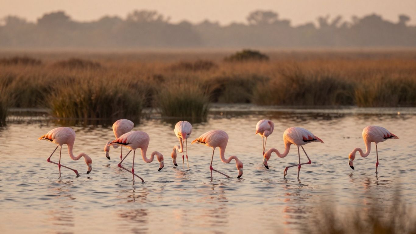 Flamingo flock reflected in pink dawn water