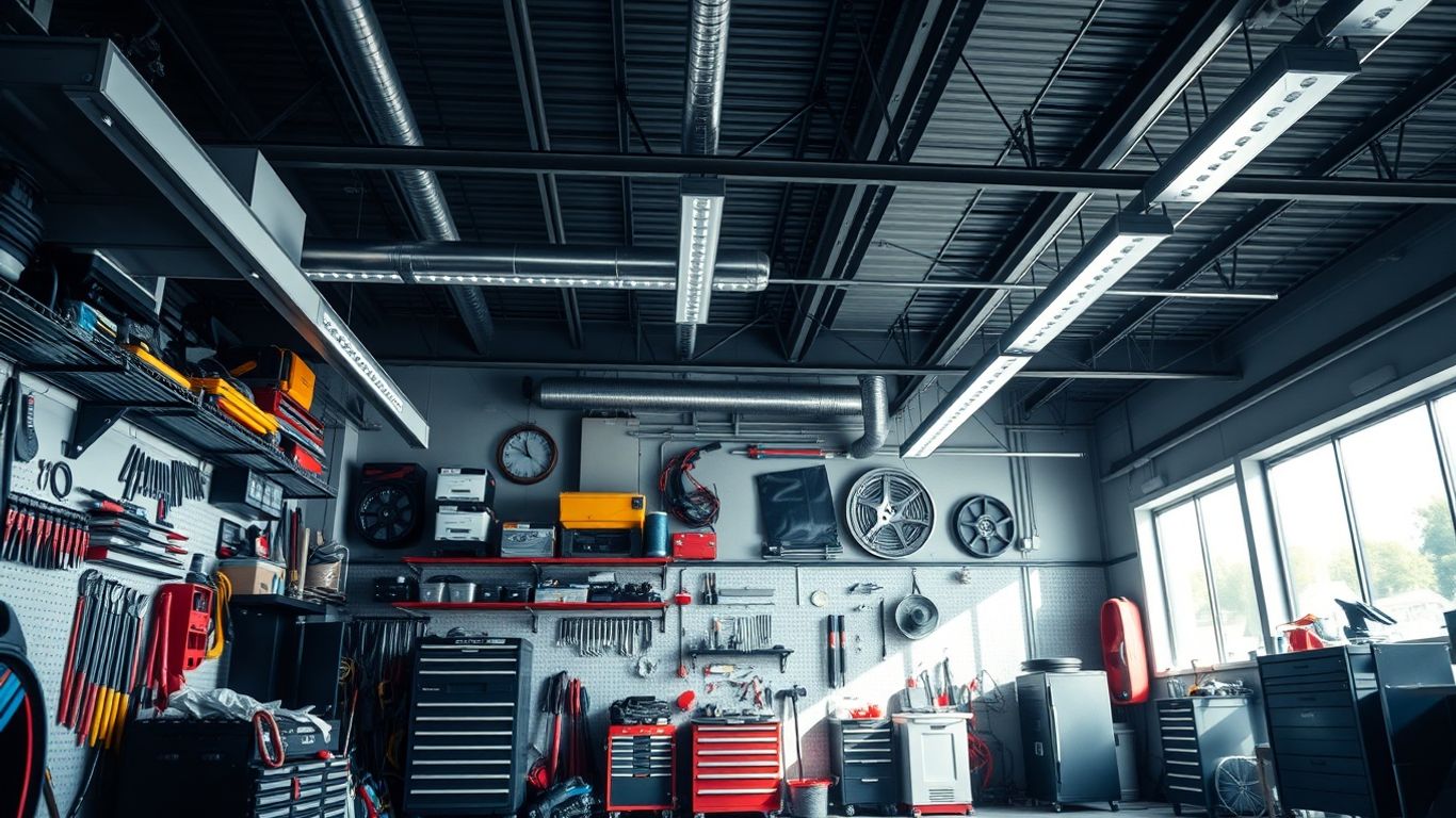 A clean organized mechanic garage workshop interior